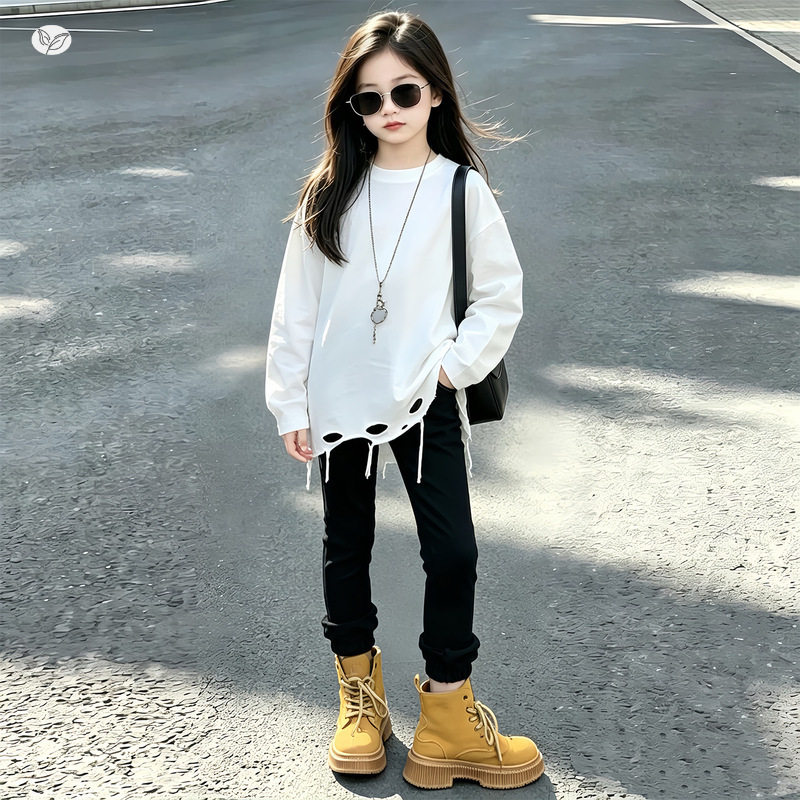 女童秋装套装2026新款宽松破洞卫衣T恤修身小脚裤铅笔裤韩系两件