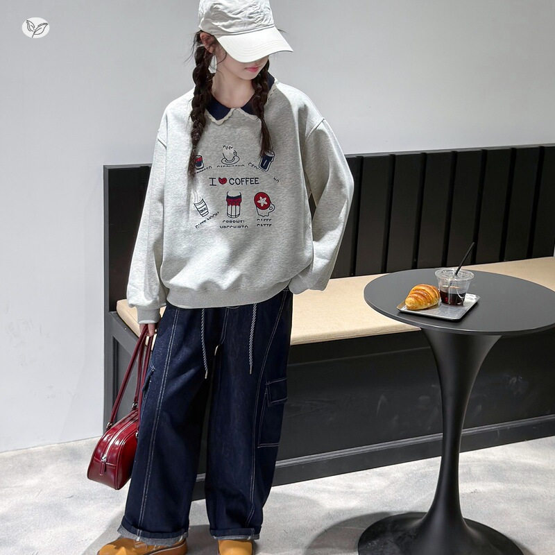 女童卫衣套装2026秋新款中大童撞色翻领套头衫长袖上衣牛仔裤长裤