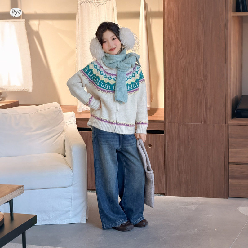 女童秋季韩系森系翻领提花毛衣开衫上衣中大童直筒牛仔裤两件套潮