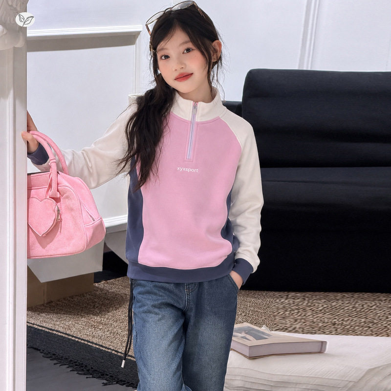 女童2026冬款百搭拼色立领打底上衣中大童加绒外穿卫衣棒球服加厚