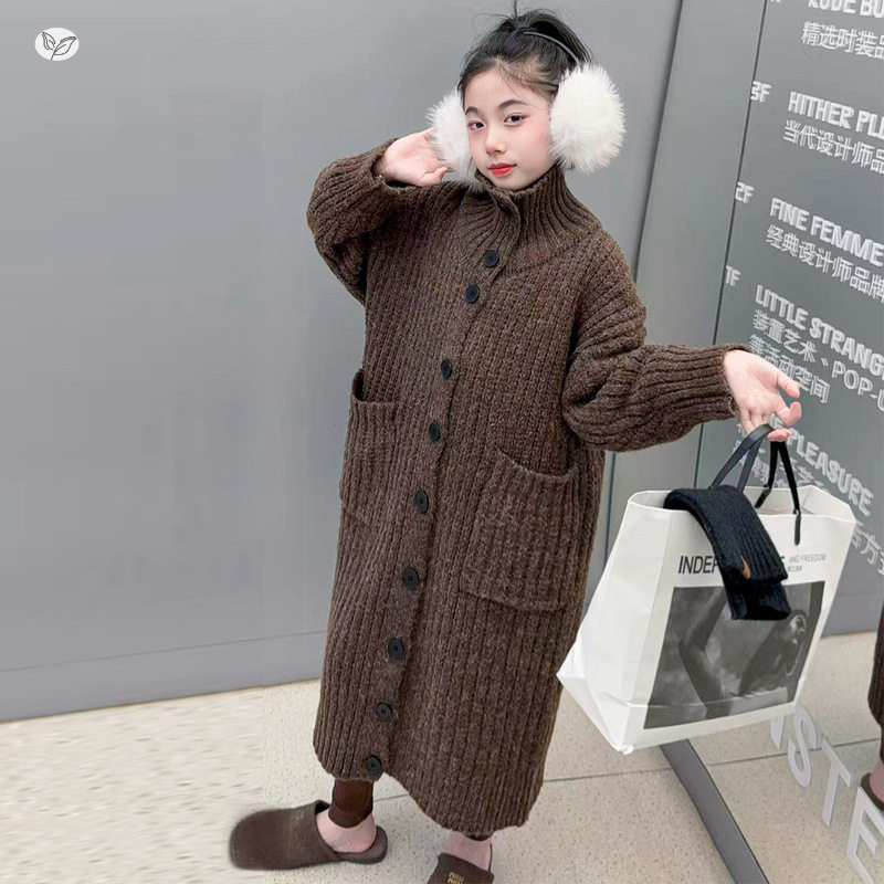 女童2026冬季韩版新款美拉德色系毛衣长外套中大童外穿针织开衫潮