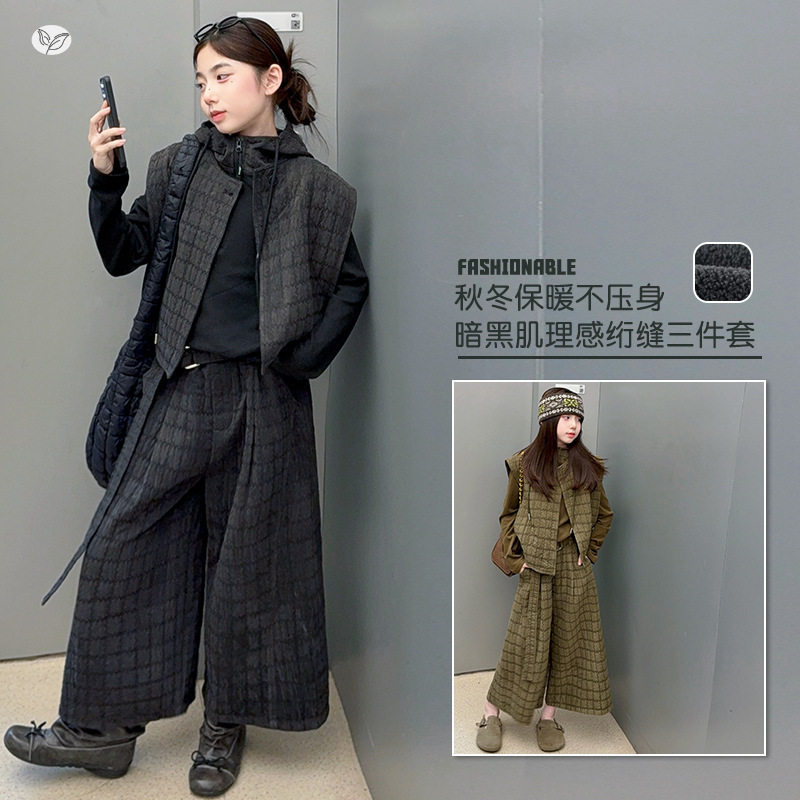女童冬款韩版时尚马甲外套双面绒卫衣内搭上衣大童加绒直筒九分裤