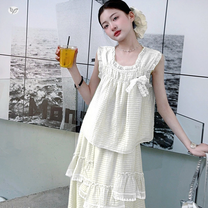 女童无袖格子套装2026夏季新款中大童吊带娃娃衫不规则花边半身裙