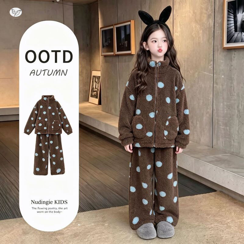 女童秋冬款加绒加厚双面毛绒家居服套装中大童保暖时尚睡衣两件套