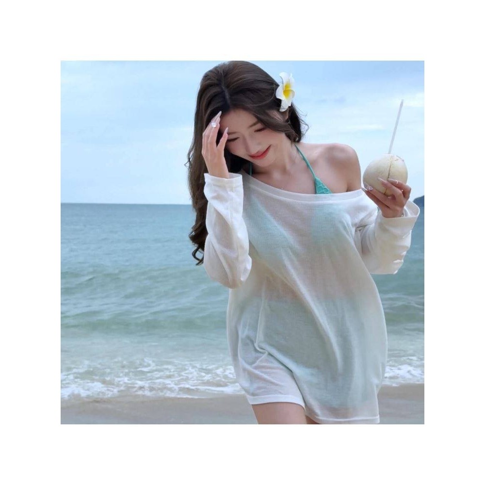 辣妹斜肩游泳罩衫海边沙滩泳衣比基尼防晒外搭可下水冰丝网纱速干
