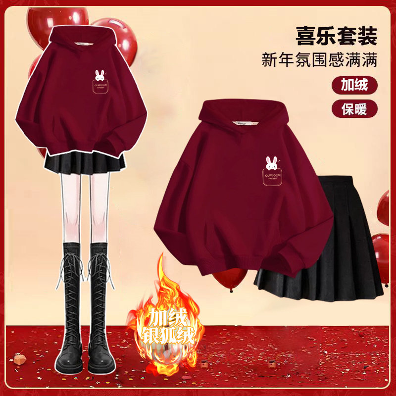 早秋装女童装新款韩系洋气印花加绒连帽卫衣短裙套装中大童两件套