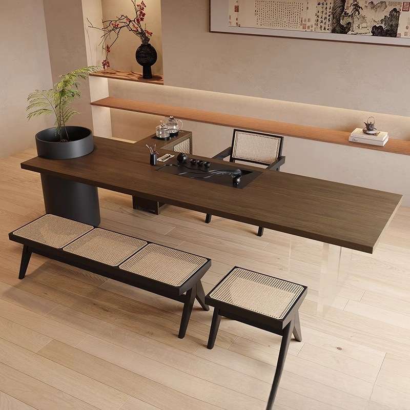 创意实木茶桌老板办公室设计师茶室茶台办公桌带茶盘一体可种花树