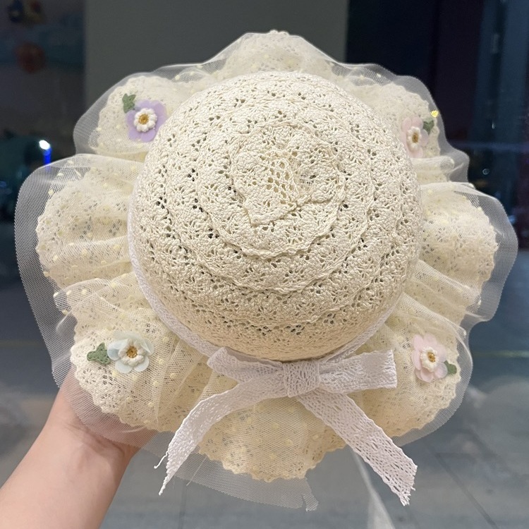 婴儿帽子夏款宝宝遮阳薄款蕾丝蝴蝶结公主大檐防晒太阳女童渔夫帽