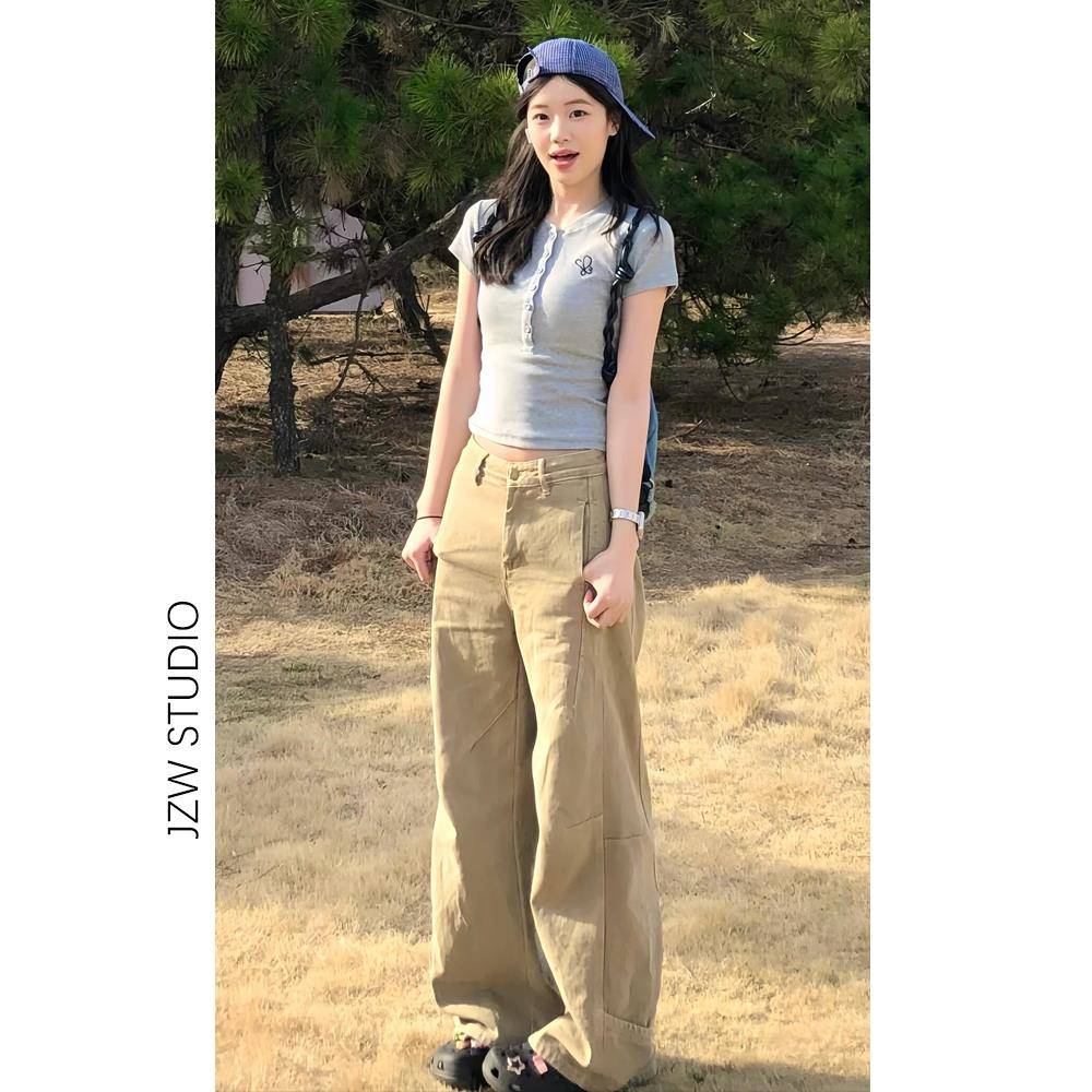 美式卡其色设计感拼接阔腿牛仔裤女夏季宽松显瘦小个子直筒拖地裤