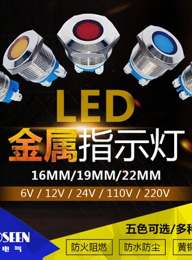LED金属指示灯16 19 22mm防水信号灯12VM24V红黄蓝绿白电源工作灯