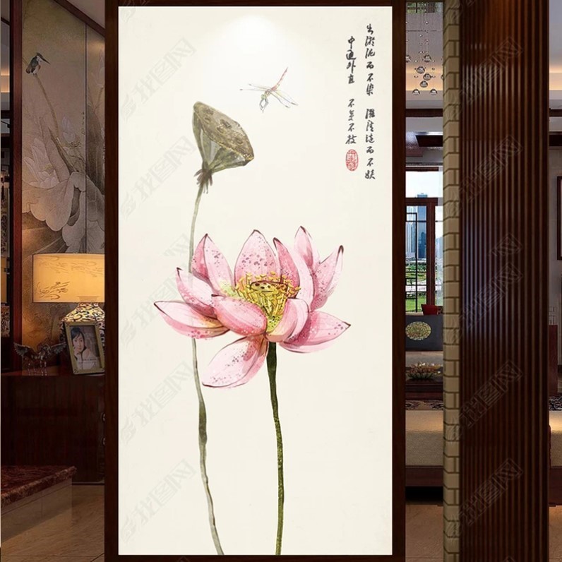 新古典禅意荷花玄关壁布