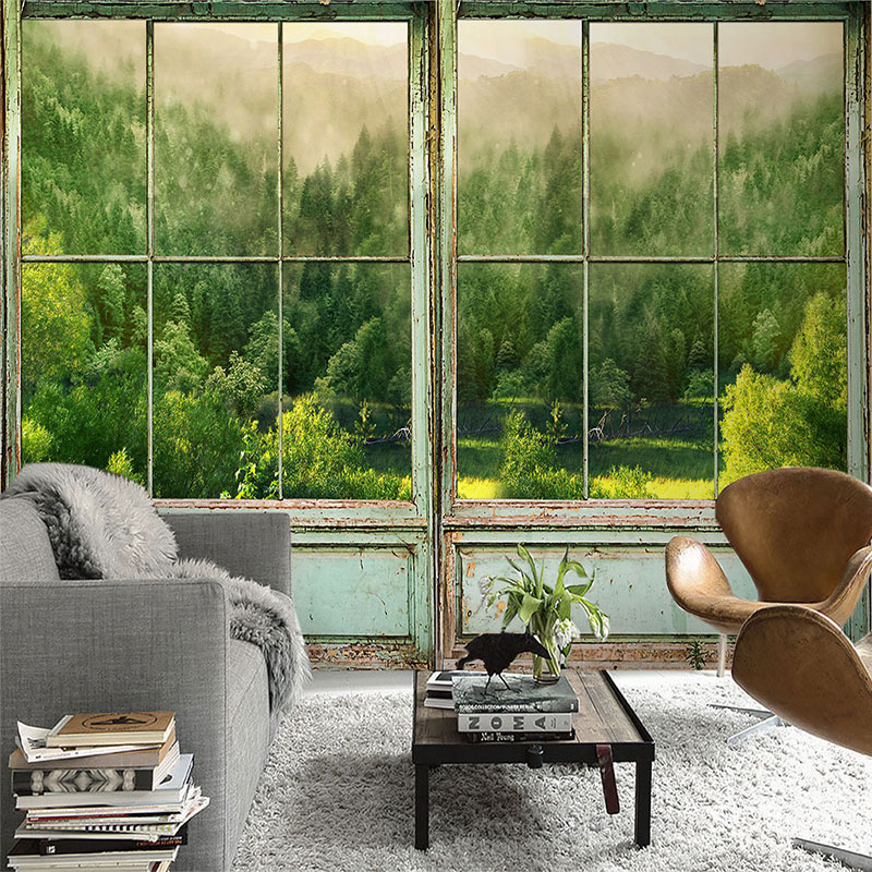 3D立体假窗外风景壁纸大自然森林视觉延伸办公室客厅电视背景墙纸