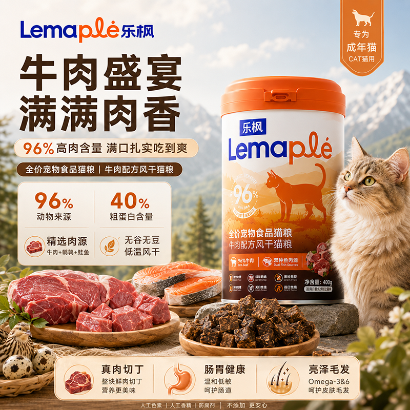 Lemaple乐枫96%牛肉源无谷风干猫主粮零食全价无谷肉干发腮增肥