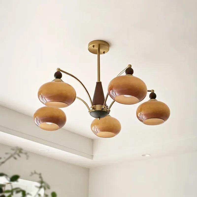 客厅吊灯法式古风柿子实木风复古玻璃全铜奶油书房灯新款卧室灯中