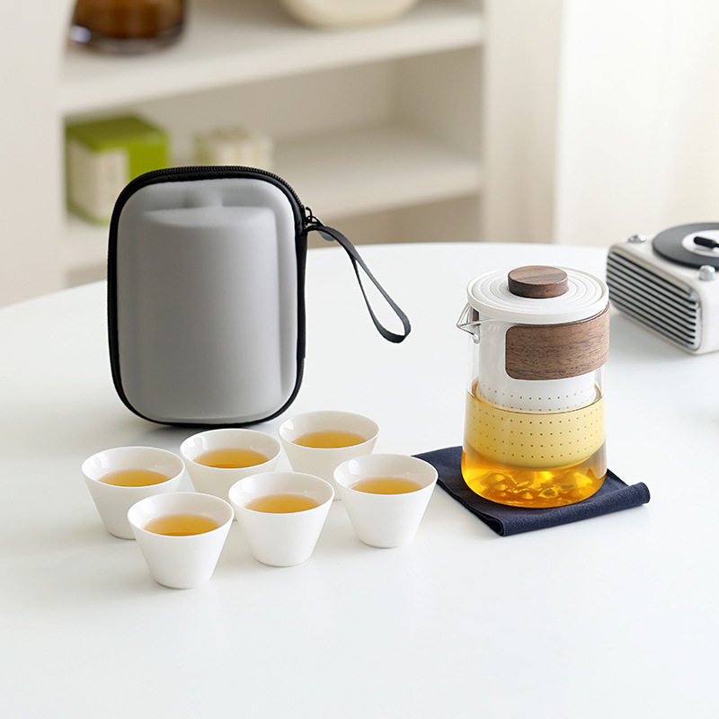 便携式玻璃旅行茶具套装一壶六杯户外旅游个人专用随行简易快客杯