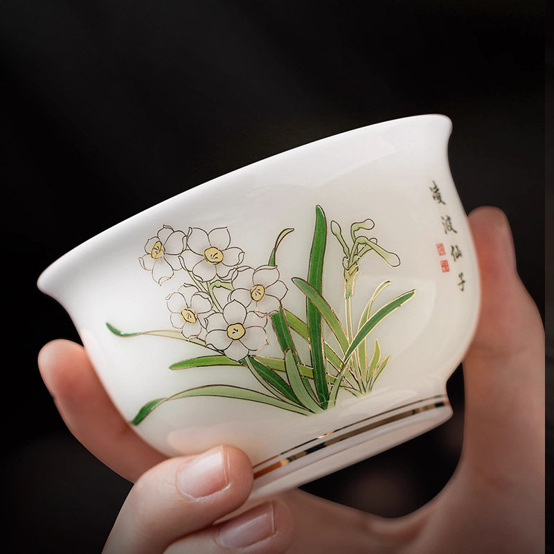 徐建勇凌波仙子茶杯水仙杯花卉杯冰种羊脂玉瓷主人杯功夫品茗杯