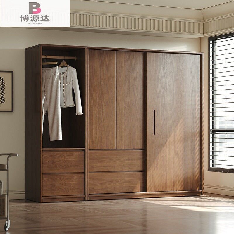 现代简约实木衣柜趟门家用衣柜推拉门衣柜中式卧室胡桃色橡木衣柜