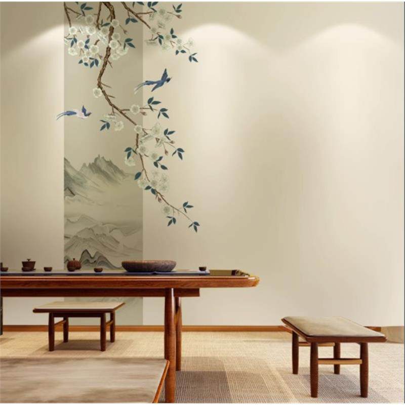 新中式电视背景墙纸花鸟客厅沙发装饰墙布简约素雅办公室茶室壁纸,家装主材,定制壁画,淘宝优惠券,粉丝福利购,淘宝优惠卷