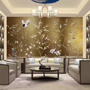 金色花鸟壁纸中式豪华沙发卧室床头背景墙布美式复古花朵植物墙纸