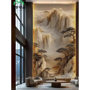 新中式别墅超浮雕立体背景墙壁画复式楼挑空电视客厅玄关装饰墙布