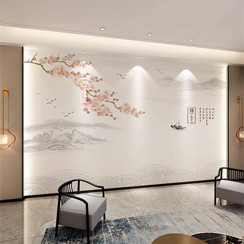 新中式古典壁纸花鸟茶室墙布