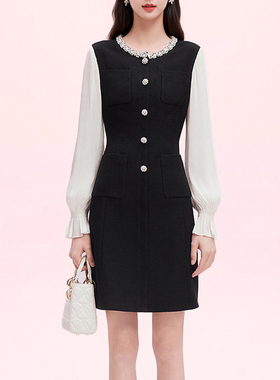 【商场同款】珂奈禾拉秋冬法式名媛重工钉珠拼接连衣裙RF07019W0