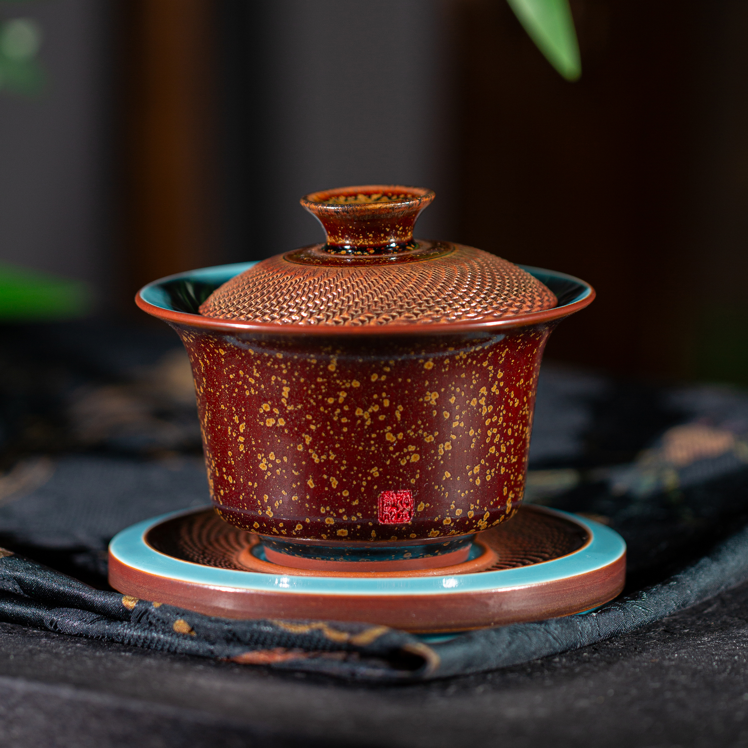 【西泠观物上新】新中式钧窑南红绿松原矿釉盖碗手工陶瓷茶杯茶具