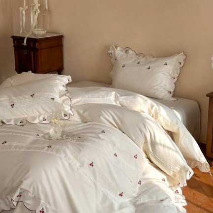 小清新樱桃刺绣少女心100支长绒棉红被罩床单四件套床上用品花边