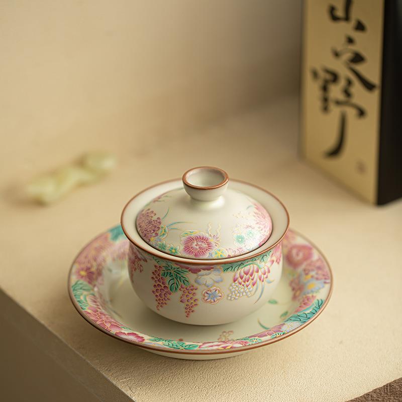 景德镇粉彩小花园布袋盖碗悬停三才盖碗猪油冻汝窑陶瓷茶具泡茶碗