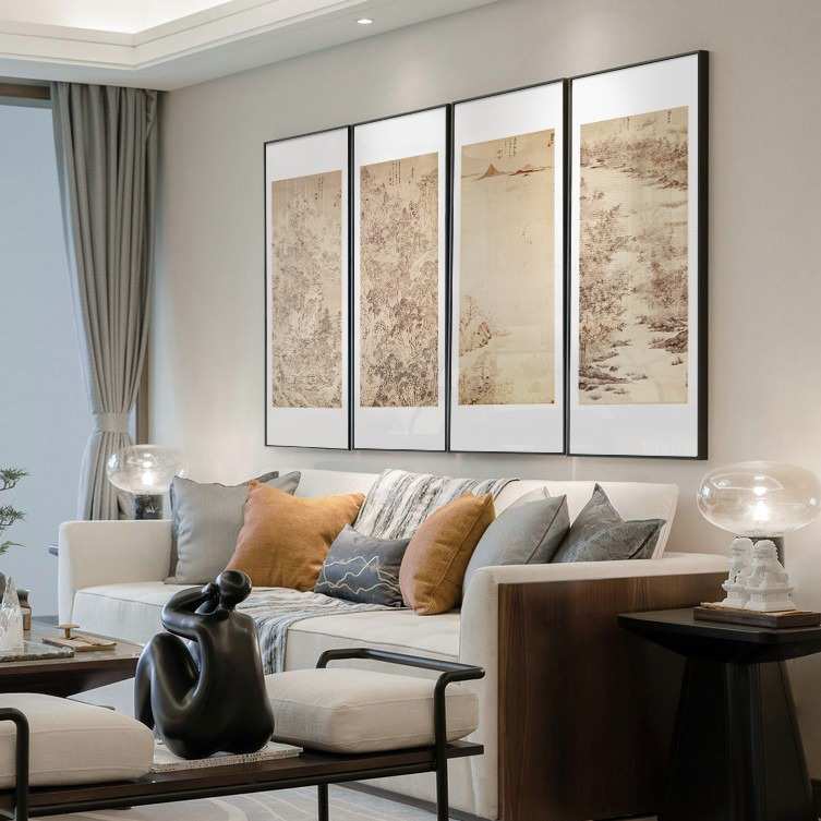新中式玄关四万山水图装饰画酒店民宿办公室条屏挂画多联组合壁画