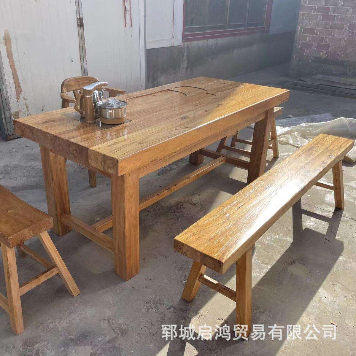 实木茶桌办公家具客厅茶桌老榆木长方形喝茶桌木质榆木餐桌茶台