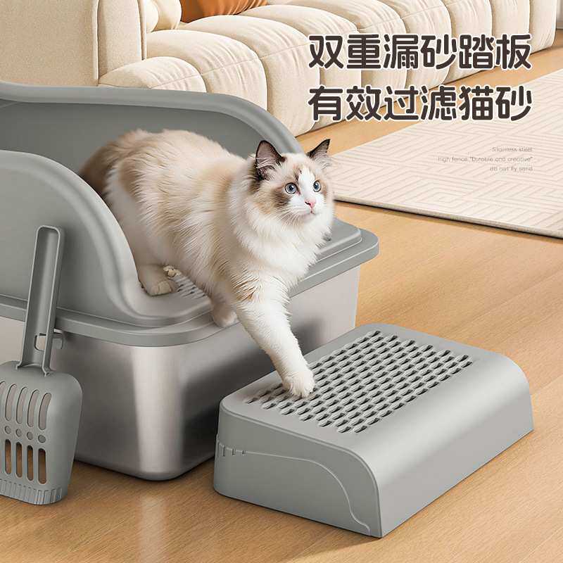 跨境不锈钢猫砂盆防外溅盖超大号顶入式猫厕所半封闭防带沙猫沙盆