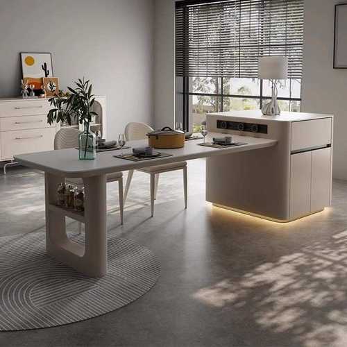 法式岛台奶油倒台餐桌椅高级家用厨房一体岩板伸缩简约中岛小户型