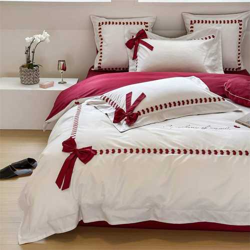 婚庆100支澳棉纯棉四件套少女心结婚爱心蝴蝶结刺绣全棉床上用品