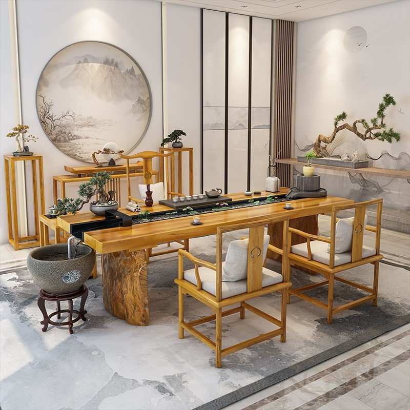 新中式循环流水茶桌办公室禅意茶台家用景观养鱼泡茶桌椅全套实木