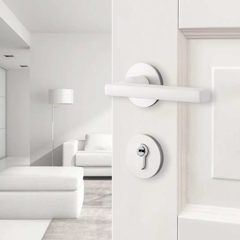 白色室内卧室木门锁家用房间门把手奶油风锁具简约磁吸静音分体锁