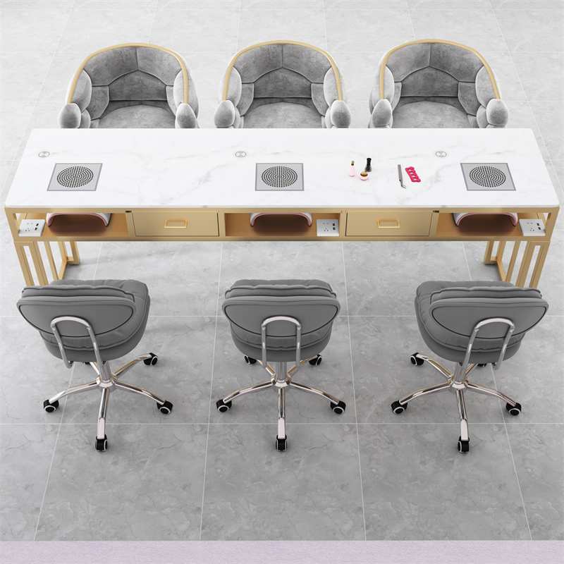 轻奢铁艺仿大理石大功率吸尘器美甲桌网红单双三人美甲桌椅套装