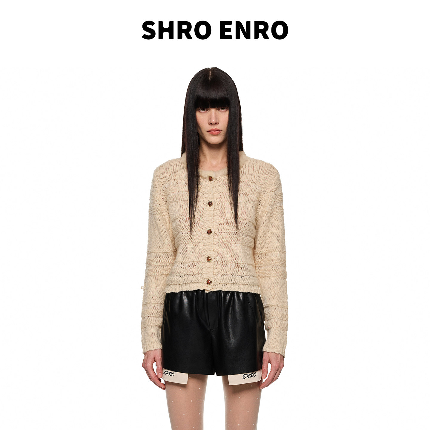 SHROENRO毛领镂空羊毛圆领开衫