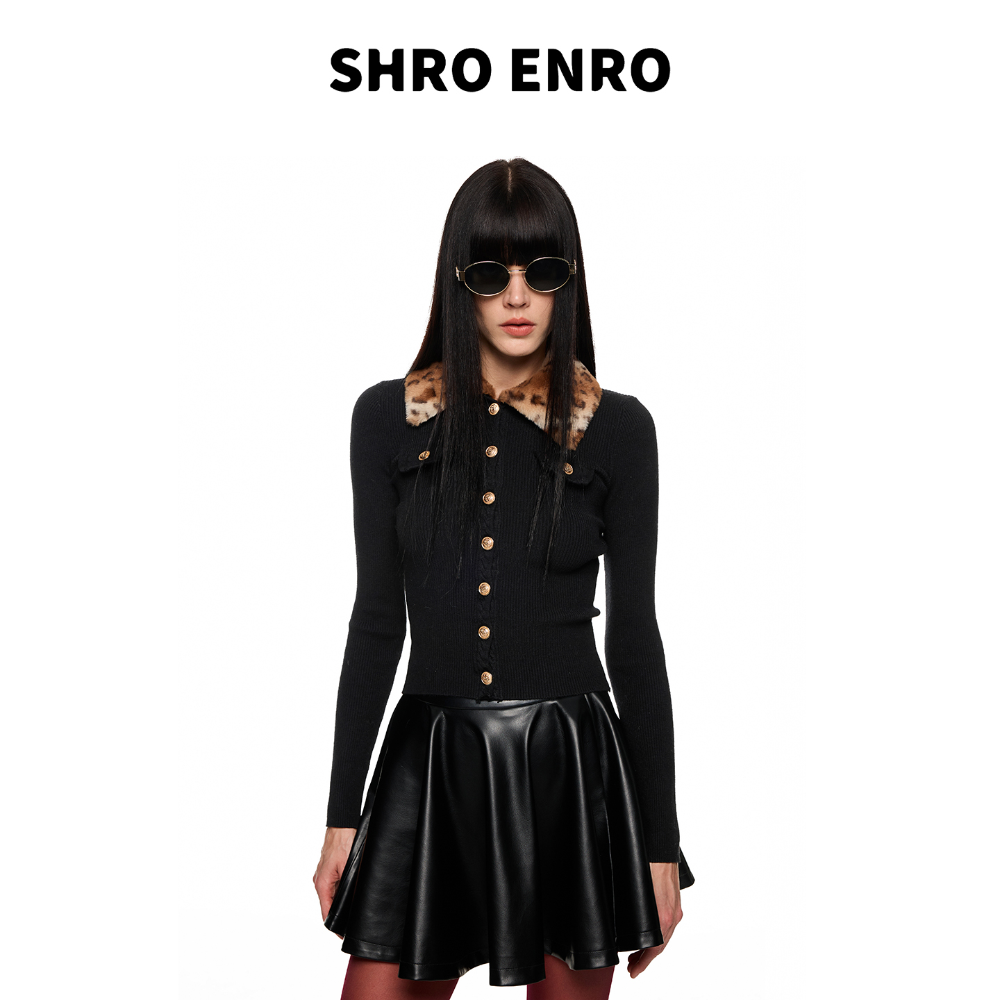 SHROENRO可拆卸豹纹领针织上衣