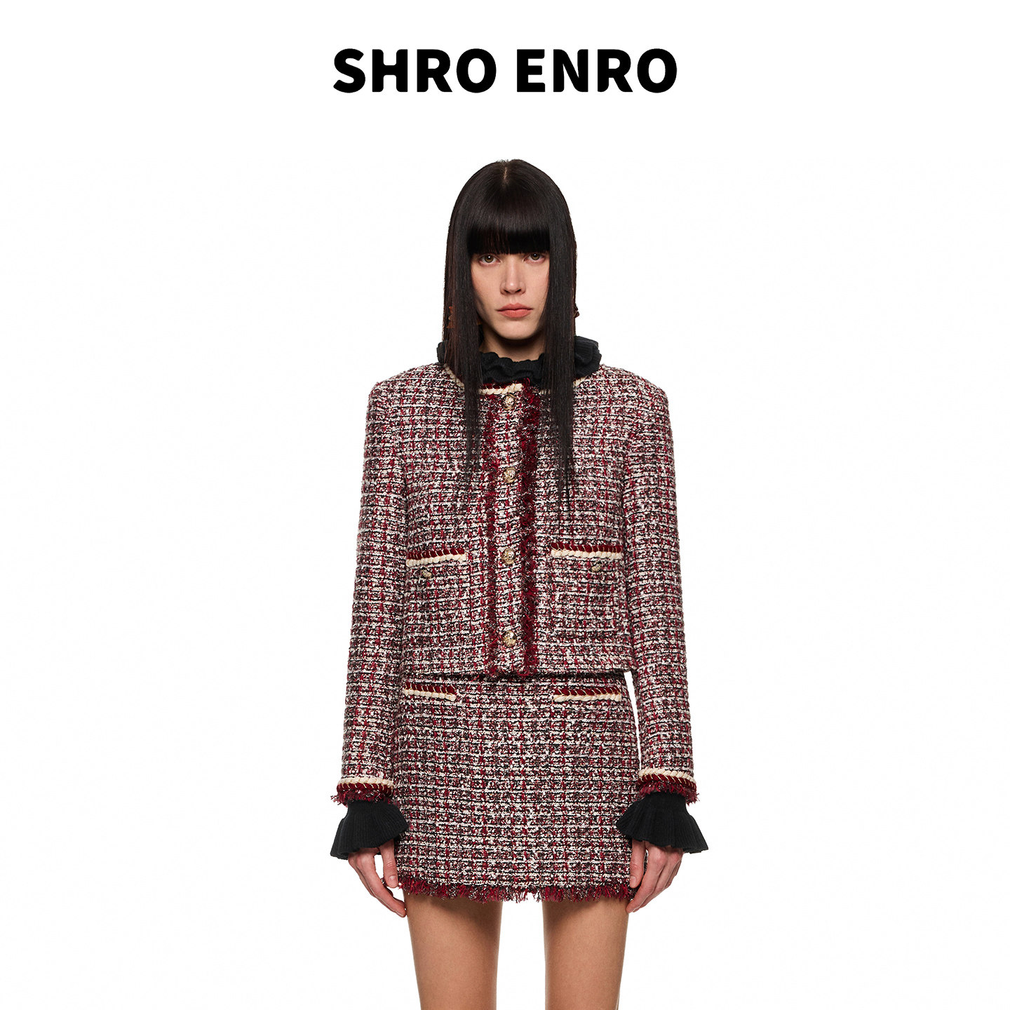 SHROENRO红色拉毛粗花呢套装女