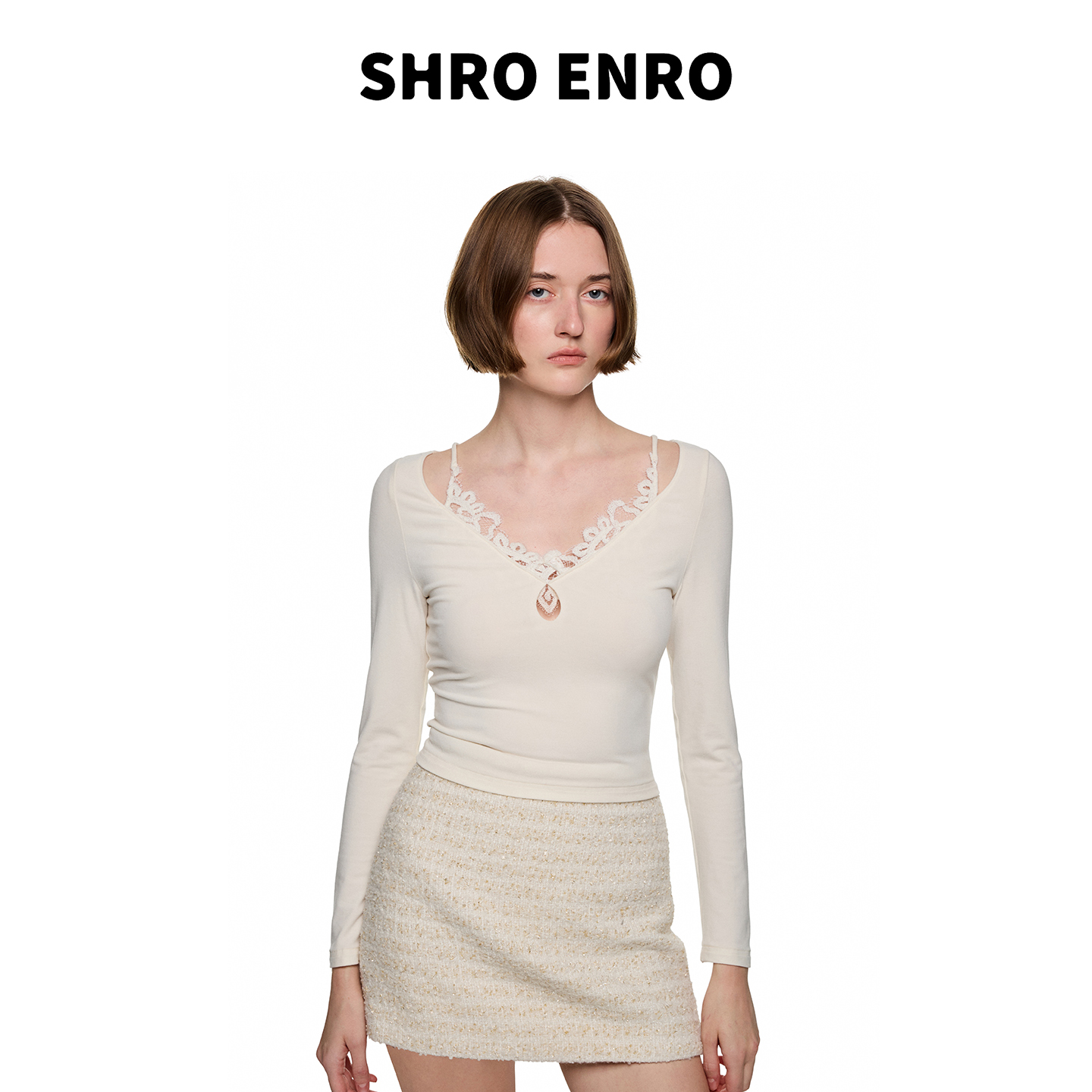 SHROENRO蕾丝镂空假两件针织衫