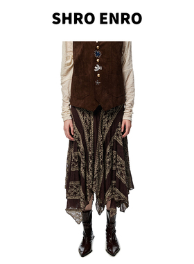 SHRO ENRO春季新款复古重工拼接不规则梨形身材伯克利百褶半裙女