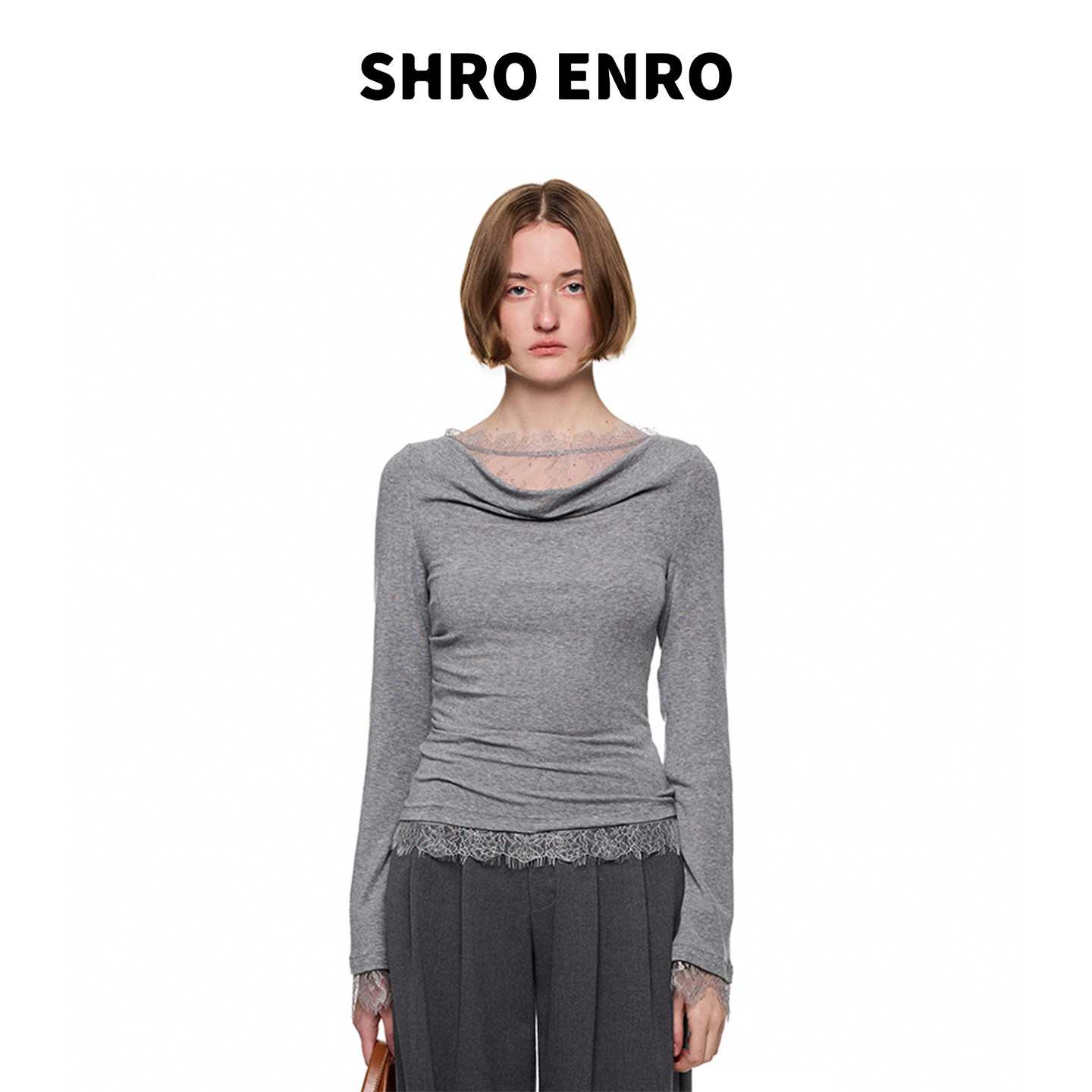 SHROENRO假两件蕾丝荡领打底衫