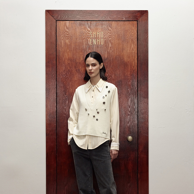 SHRO ENRO 秋季新款舒适时尚高级羊毛纽扣设计简约毛衫外套背心女