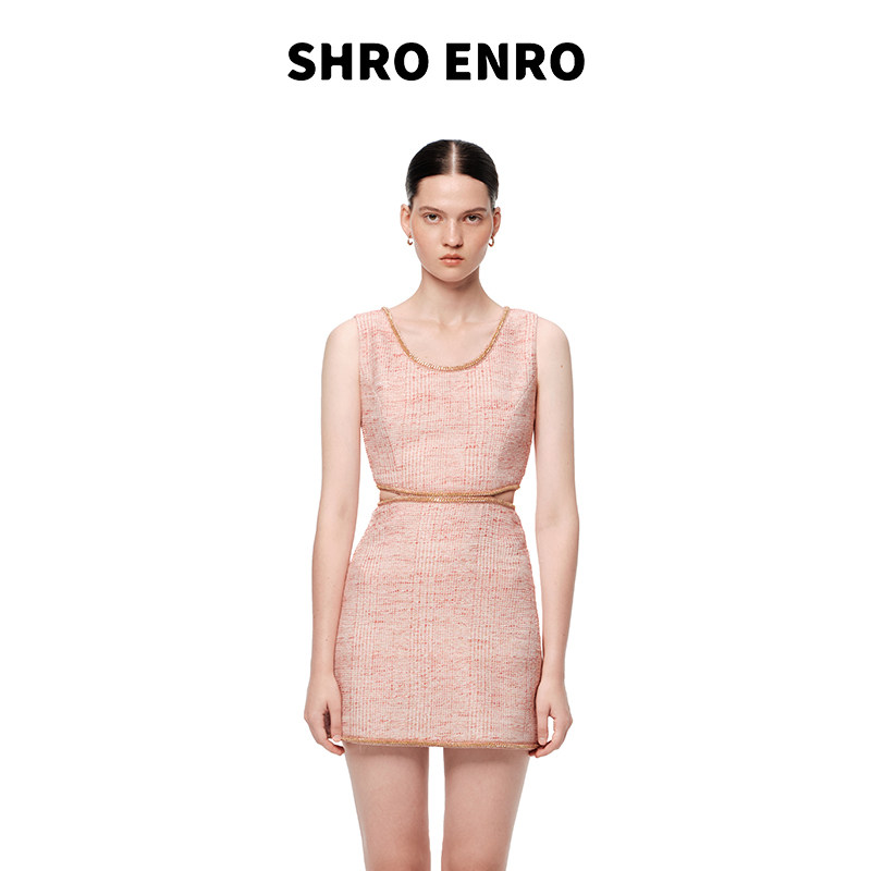 SHRO ENRO夏季新款轻奢千金风手工链条拼接粗花呢U型领无袖连衣裙