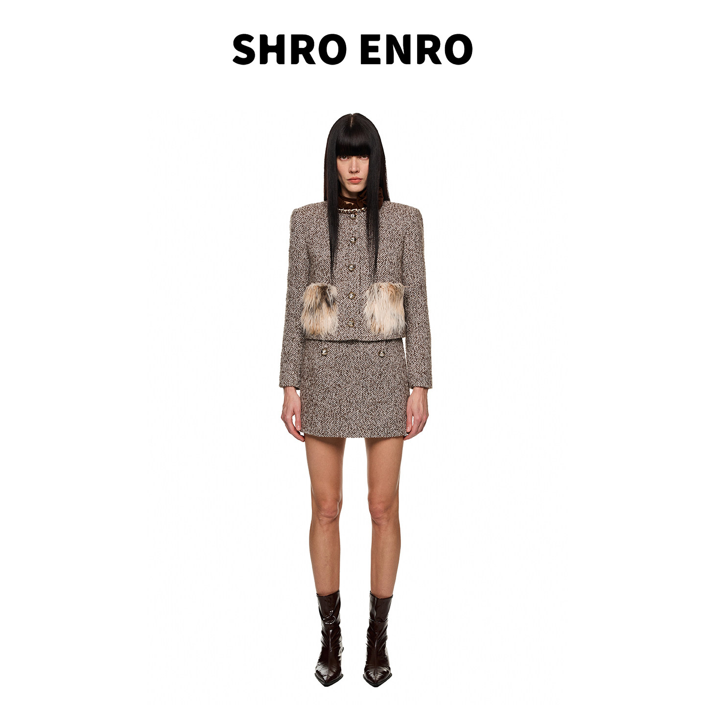 SHROENRO毛毛口袋外套短裙套装