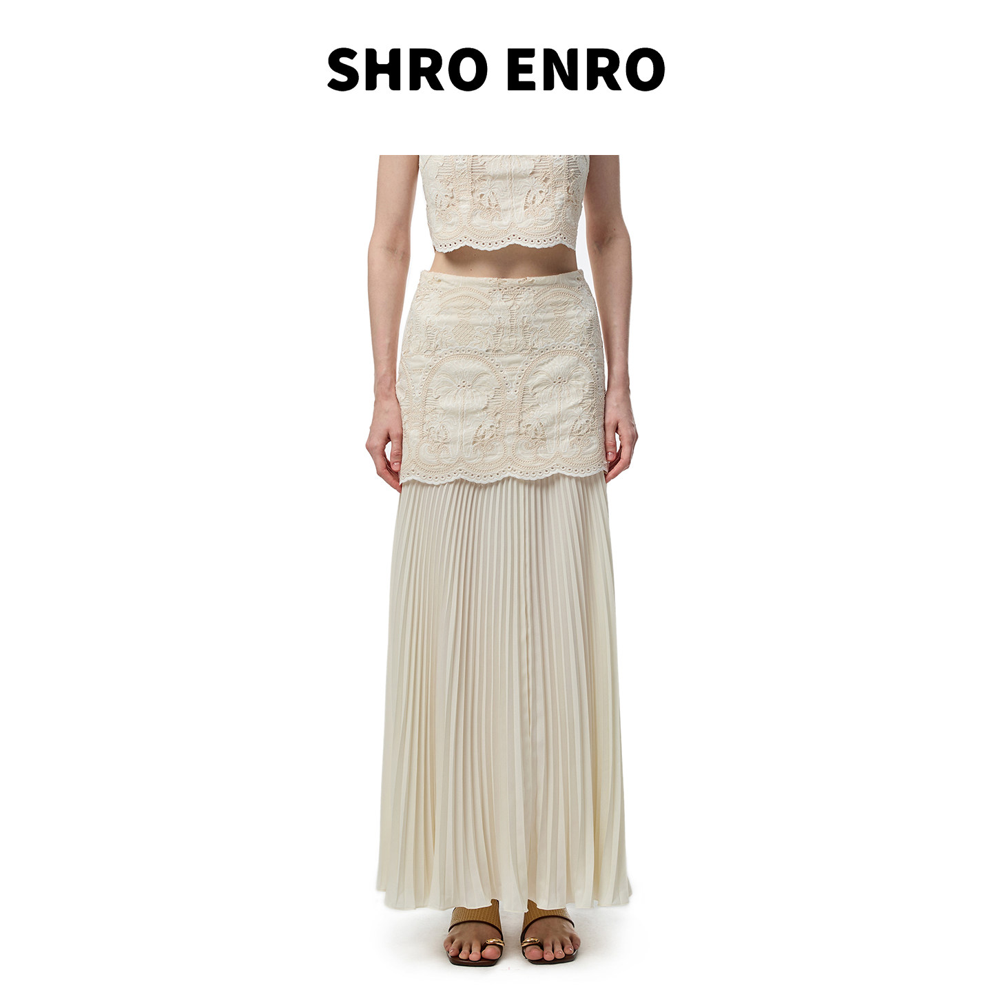 戚砚笛同款 SHRO ENRO26夏季新款高腰镂空法式蕾丝拼接雪纺长半裙
