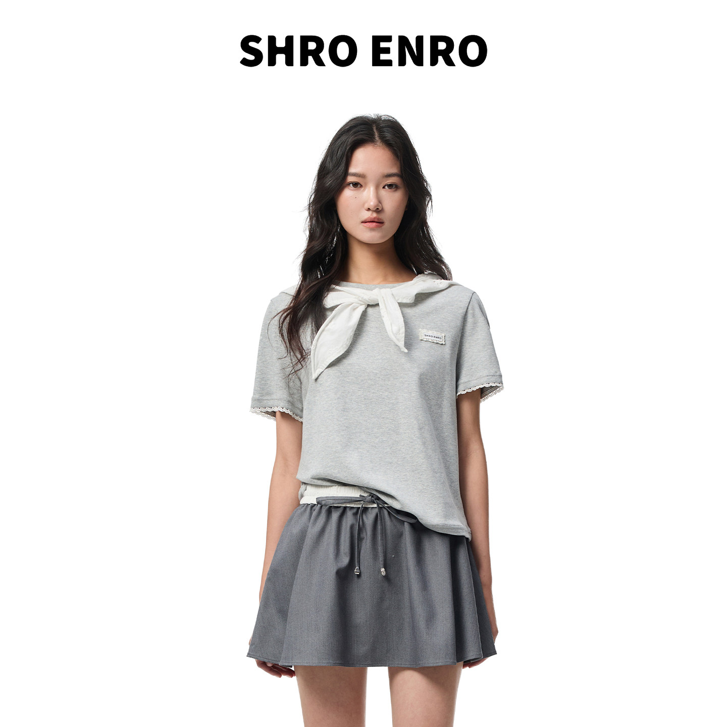 SHRO ENRO 2026夏季新款蕾丝花边连帽假两件宽松短袖正肩T恤上衣