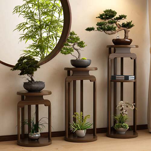 中式花架子置物博古架客厅落地圆形花台花瓶花盆架家用阳台花托架