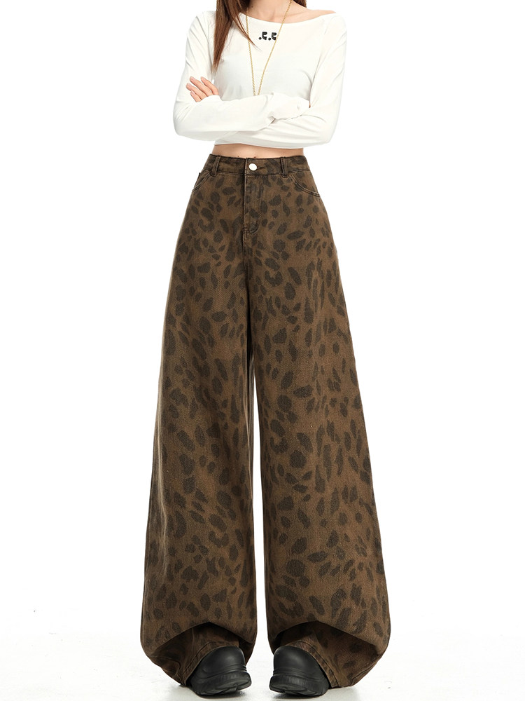 American Retro Leopard Print Jeans for Women, Autumn High-Waisted, Slimming, Loose Straight-Leg, Wide-Leg, Non-Tight, Floor-Length Pants